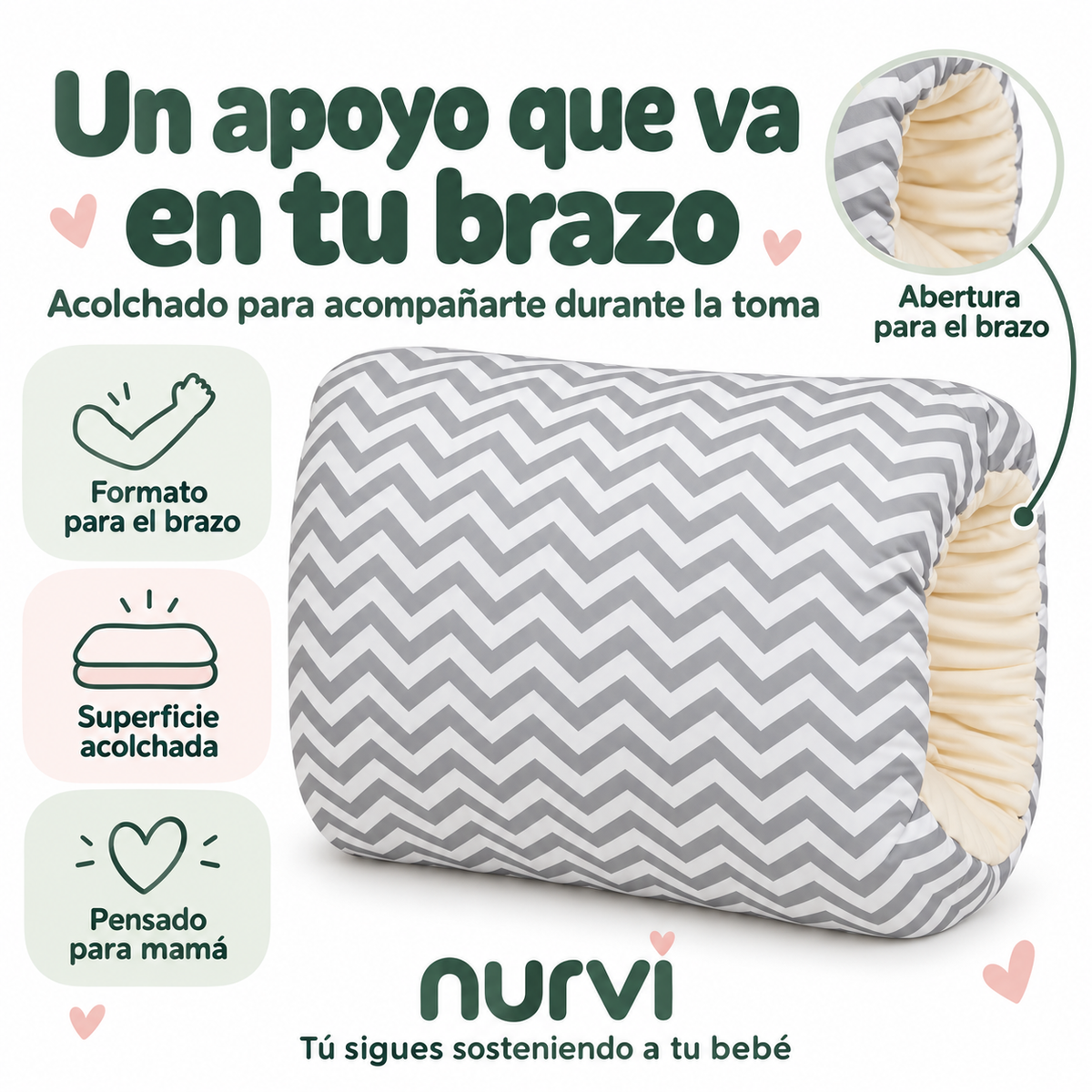 Formato para el brazo: abertura, superficie acolchada y apoyo durante la toma